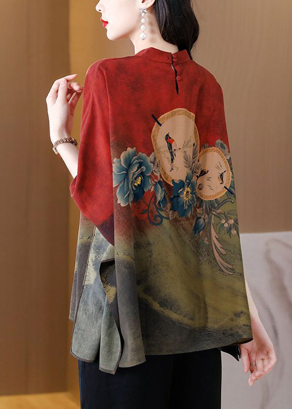 Red Loose Printed Silk Blouse Top Chinese Collar Batwing Sleeves