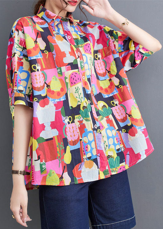 Red Peter Pan Collar Print Patchwork Cotton Loose Blouses Summer