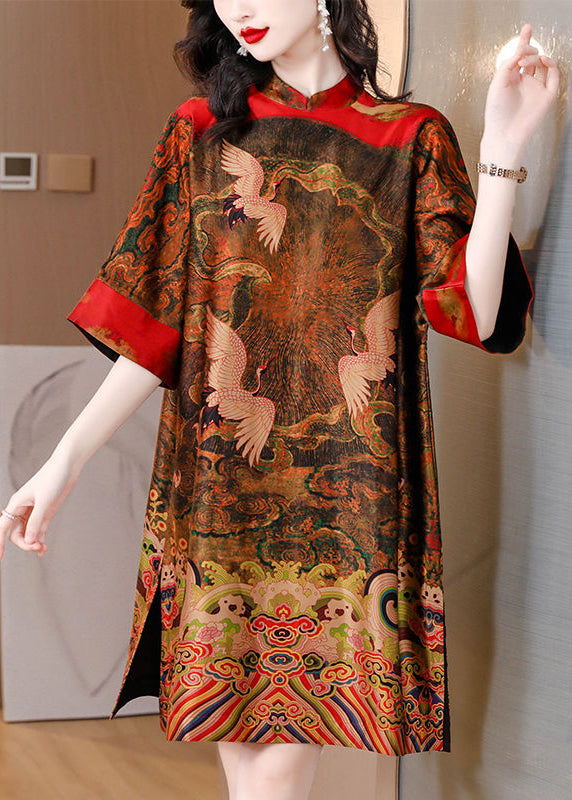 Red Holiday Print Silk Dresses Stand Collar Half Sleeves