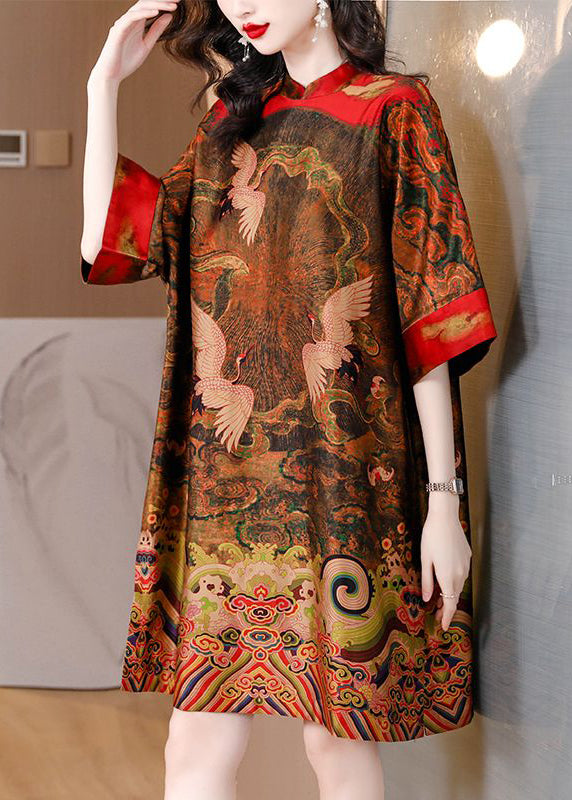 Red Holiday Print Silk Dresses Stand Collar Half Sleeves