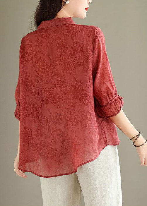 Red Button Print Linen Blouses Peter Pan Collar Summer