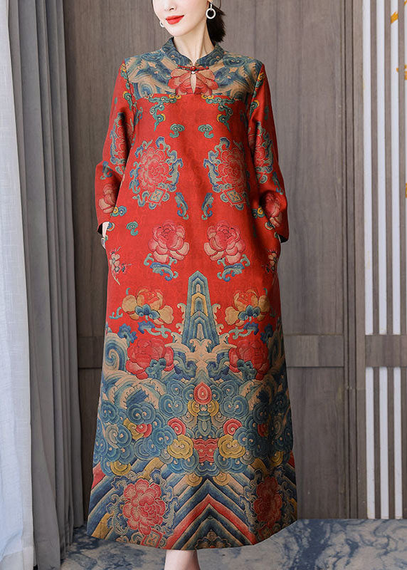 Chinese Style Silk Red Stand Collar Side Open Bracelet Sleeve Dress