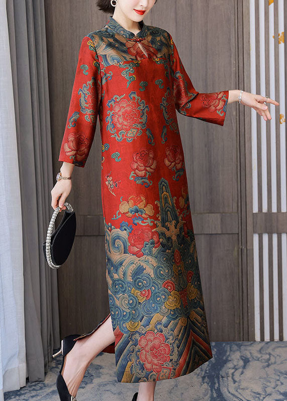 Chinese Style Silk Red Stand Collar Side Open Bracelet Sleeve Dress