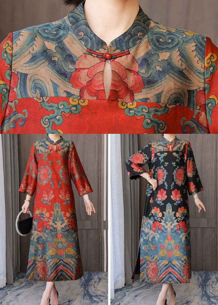 Chinese Style Silk Red Stand Collar Side Open Bracelet Sleeve Dress