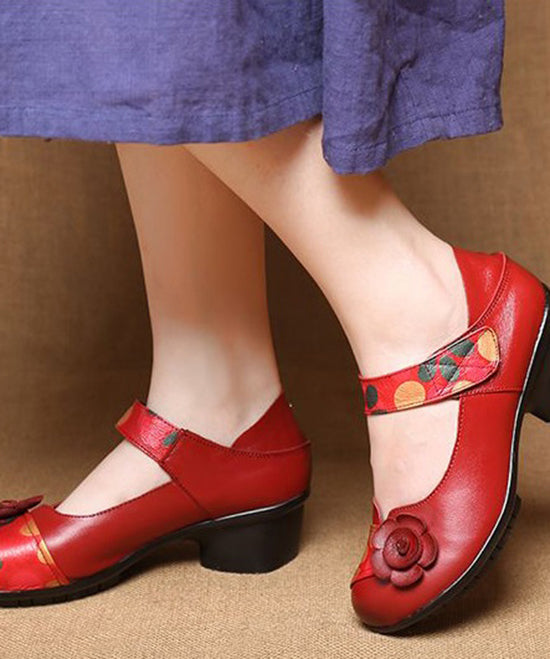 Red Chunky Heel Cowhide Leather Fitted Splicing Floral