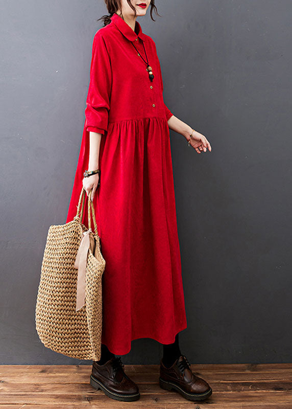 Red Drawstring Button Corduroy Holiday Long Dress Long Sleeve