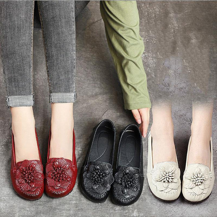 Red Floral Cowhide Leather Flat Shoes For Women Flat