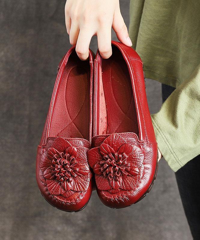 Red Floral Cowhide Leather Flat Shoes For Women Flat