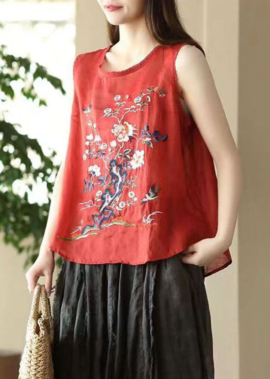 Red Patchwork Linen Tops Embroideried O Neck Sleeveless