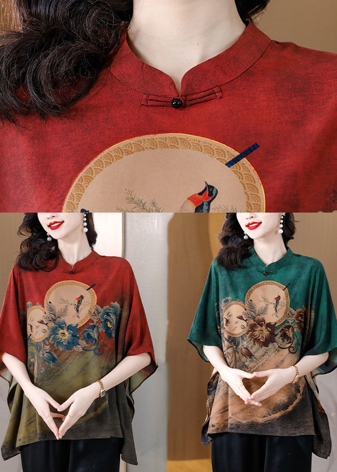 Red Loose Printed Silk Blouse Top Chinese Collar Batwing Sleeves