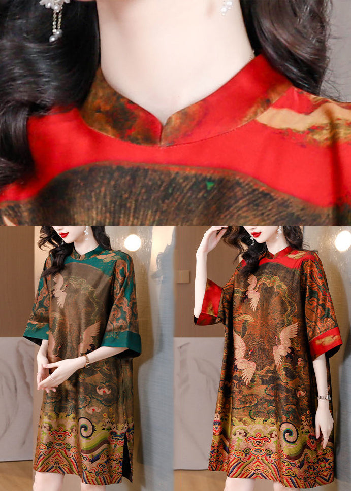 Red Holiday Print Silk Dresses Stand Collar Half Sleeves