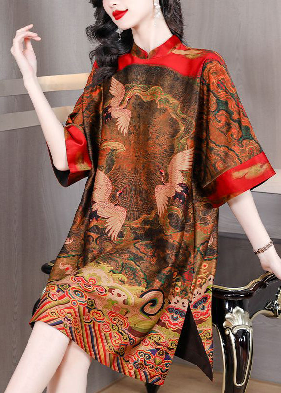 Red Holiday Print Silk Dresses Stand Collar Half Sleeves