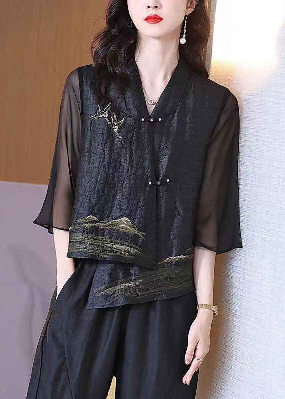 Retro Black V Neck Patchwork Chinese Button Silk Coats Bracelet Sleeve