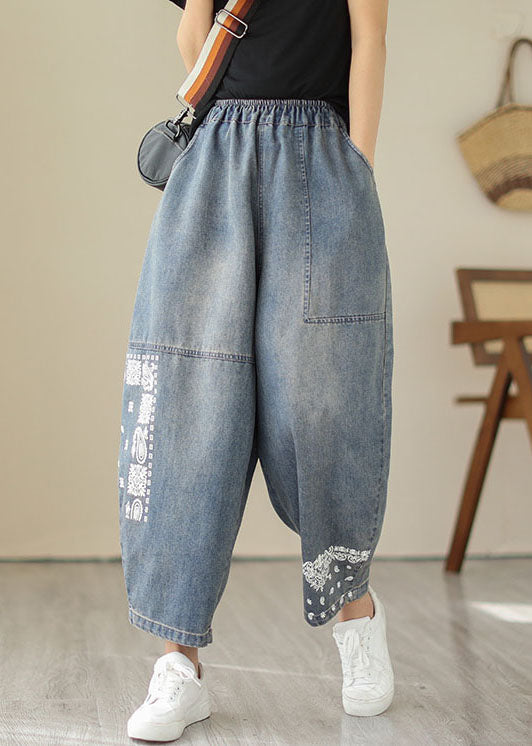 Retro Blue Pockets Patchwork Embroideried Denim Pants Summer