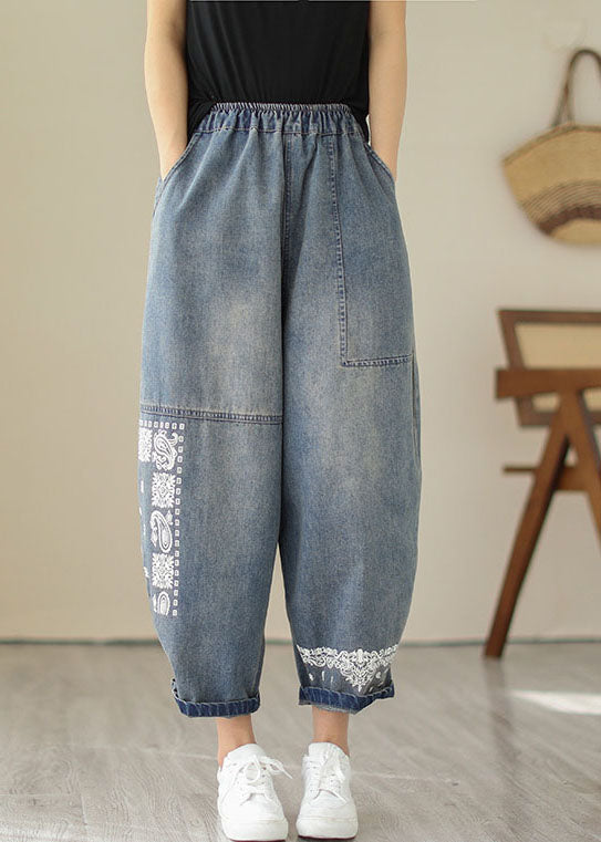 Retro Blue Pockets Patchwork Embroideried Denim Pants Summer