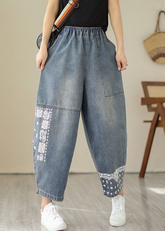 Retro Blue Pockets Patchwork Embroideried Denim Pants Summer