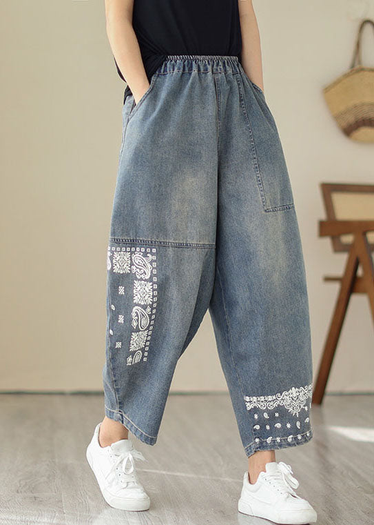 Retro Blue Pockets Patchwork Embroideried Denim Pants Summer