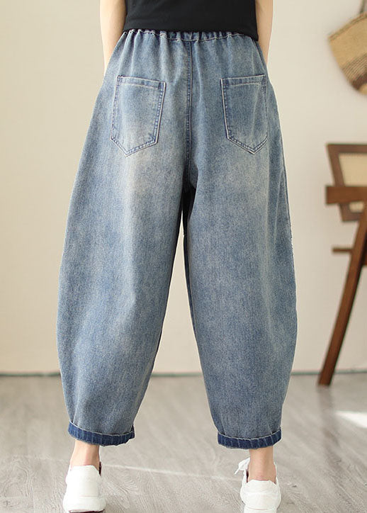 Retro Blue Pockets Patchwork Embroideried Denim Pants Summer