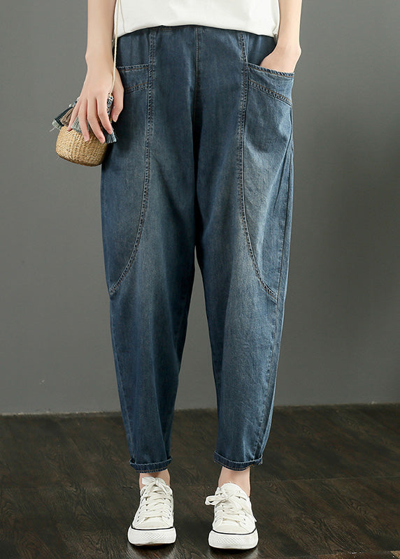 Retro Blue High Waist Denim Cropped Pants Summer