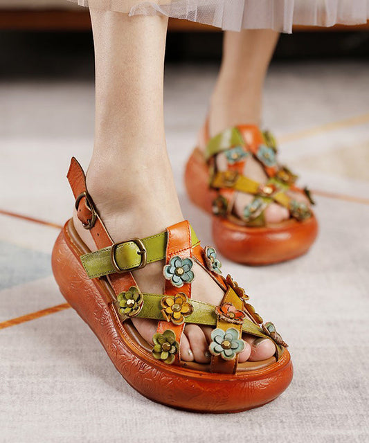 Retro Floral Hollow Out Platform Sandals Yellow Cowhide Leather