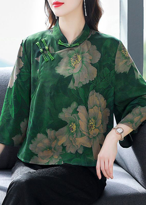 Vintage Green Chinese Button Printed Silk Blouses Bell Sleeves