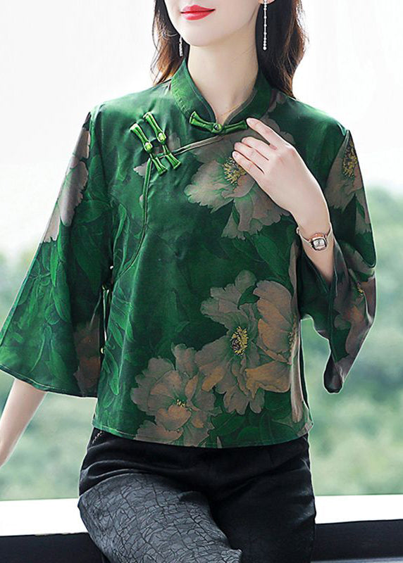 Vintage Green Chinese Button Printed Silk Blouses Bell Sleeves