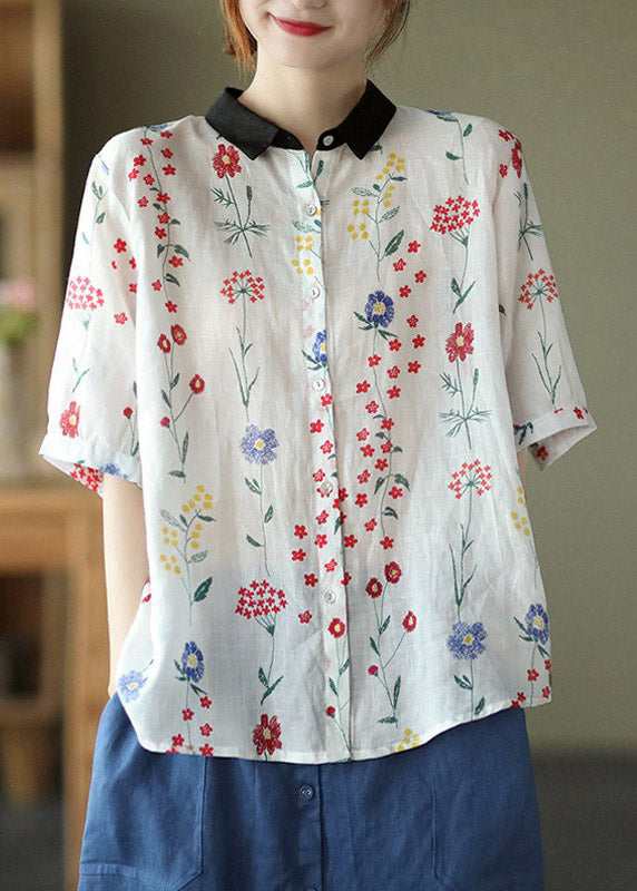 Retro Green Peter Pan Collar Print Button Linen Shirts Half Sleeve