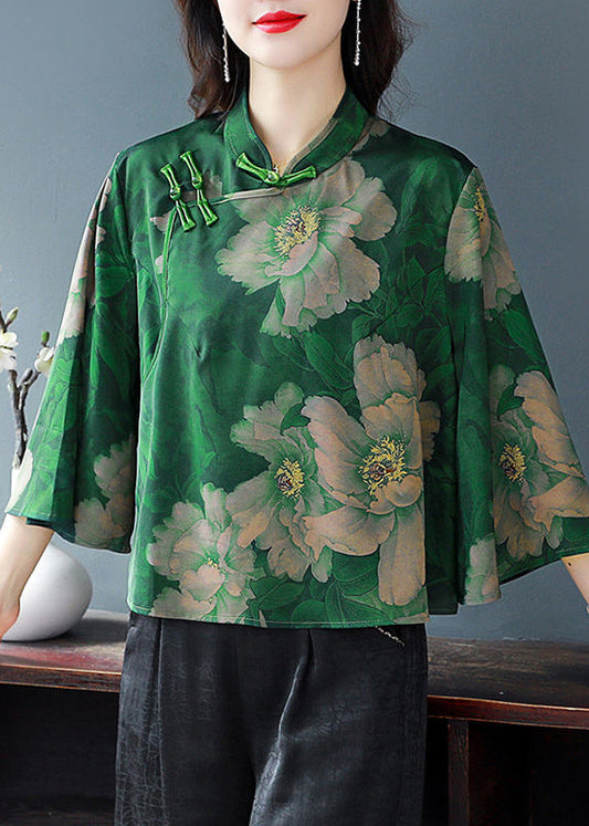 Vintage Green Chinese Button Printed Silk Blouses Bell Sleeves