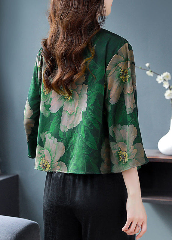 Vintage Green Chinese Button Printed Silk Blouses Bell Sleeves