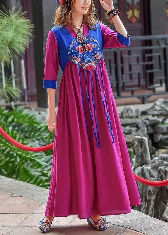 Retro Purple Tasseled Embroideried Patchwork Cotton Long Dresses Spring