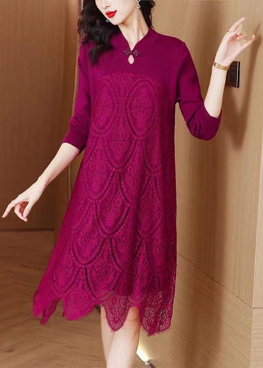 Rose Button Patchwork Lace Fall Dress Stand Collar