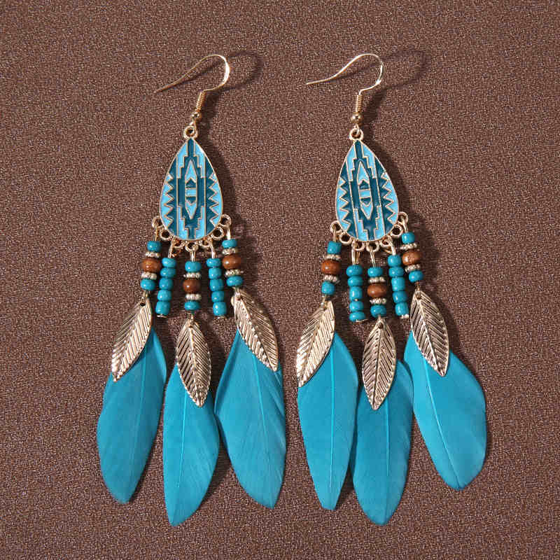 Retro Feather Decor Beaded Dangle Earrings