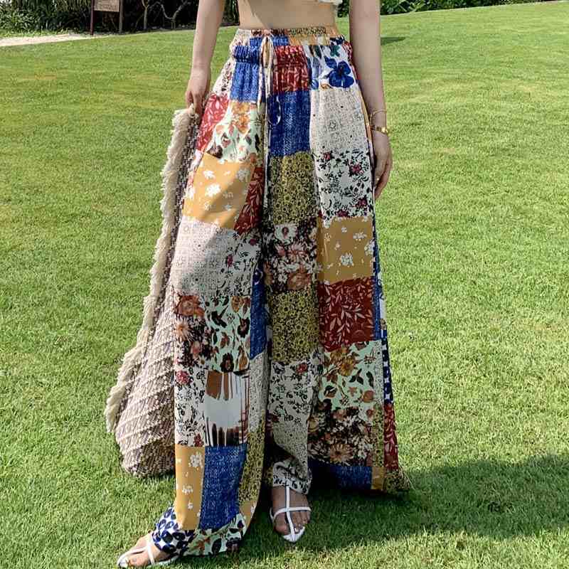 Boho Patchwork High Waist Wide Leg Ruffle Pants