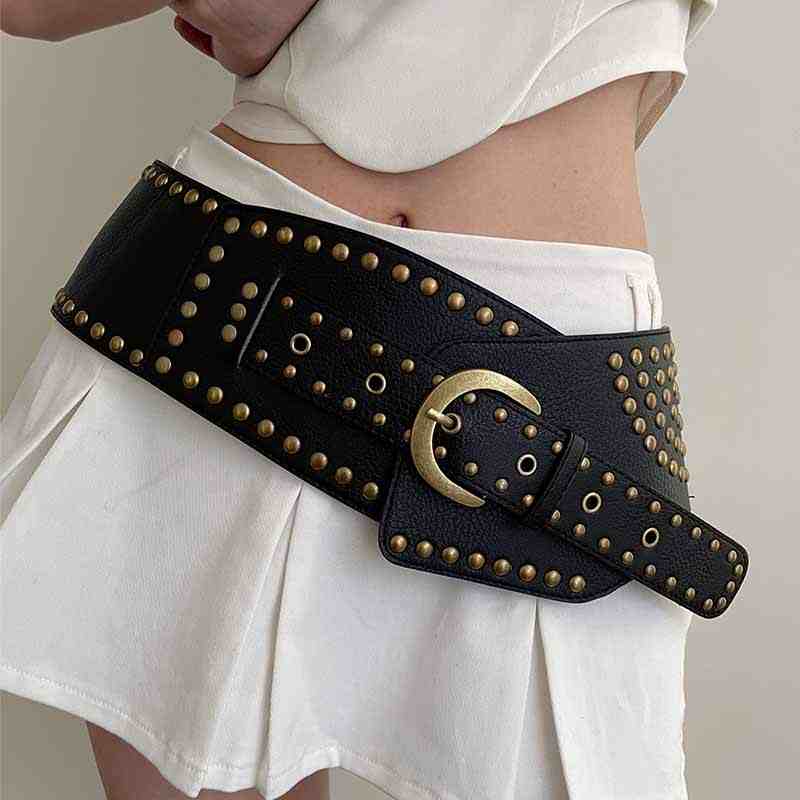 Vintage Plain Rivet Hollow Pin Buckle Elastic Wide Belt