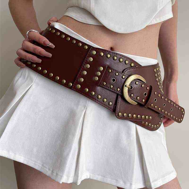 Vintage Plain Rivet Hollow Pin Buckle Elastic Wide Belt