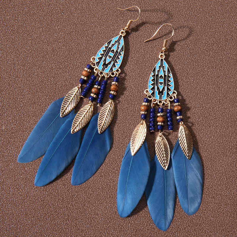 Retro Feather Decor Beaded Dangle Earrings