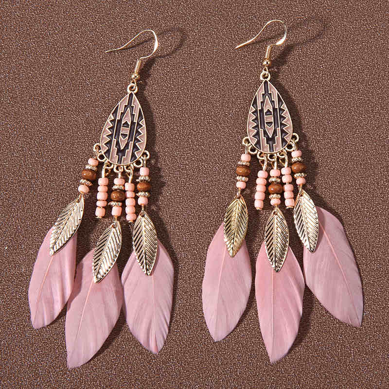 Retro Feather Decor Beaded Dangle Earrings