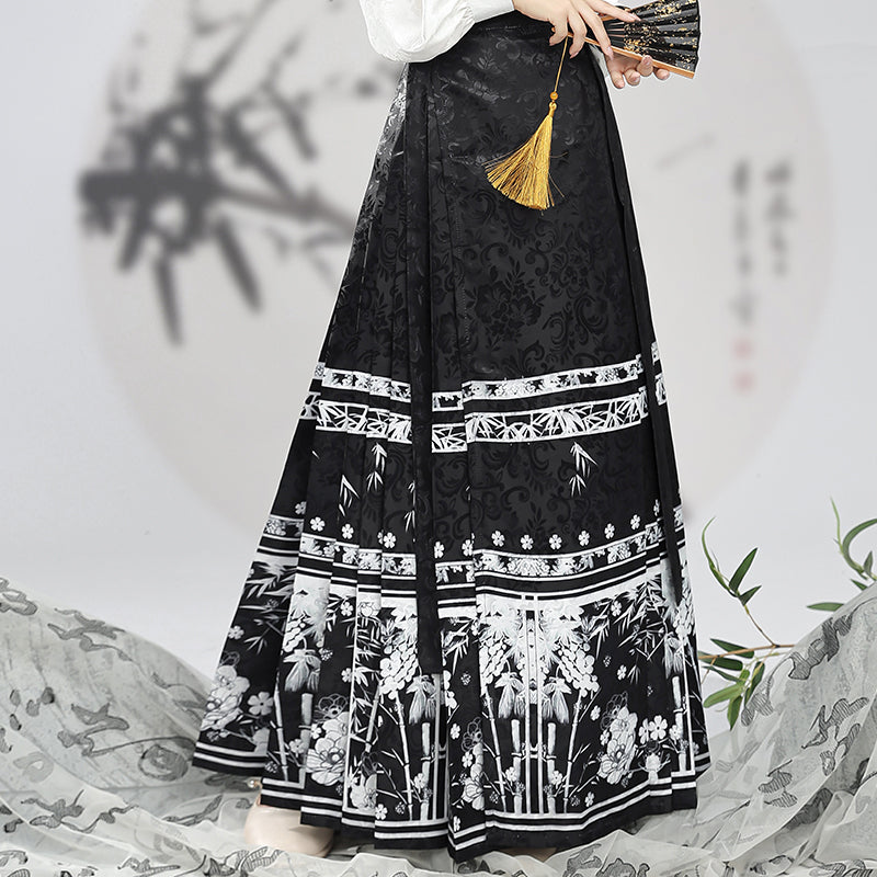 Black Retro Chinese Style Flower Print Skirts Sprin