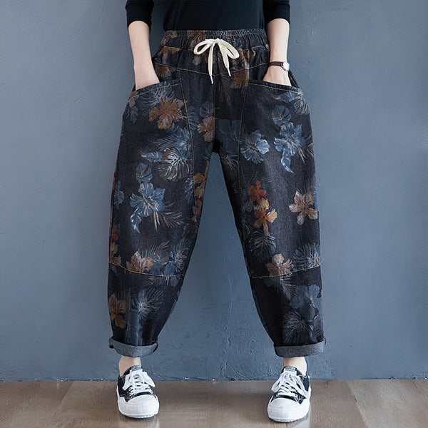 Retro Blue Print Elastic Waist Harem Pants Fall