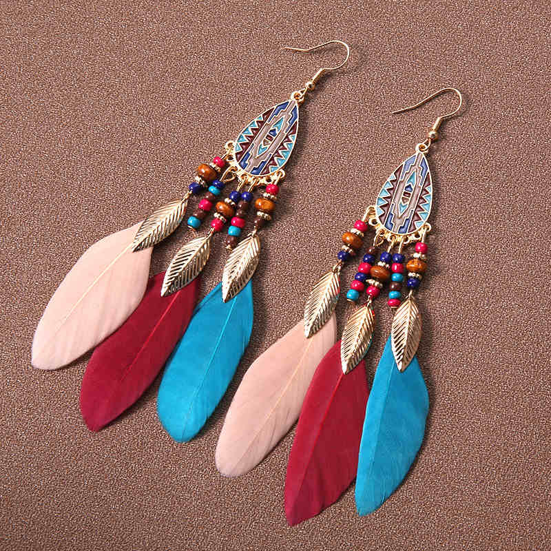 Retro Feather Decor Beaded Dangle Earrings