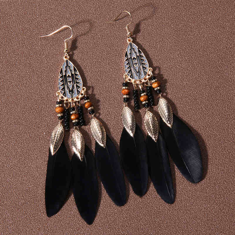 Retro Feather Decor Beaded Dangle Earrings