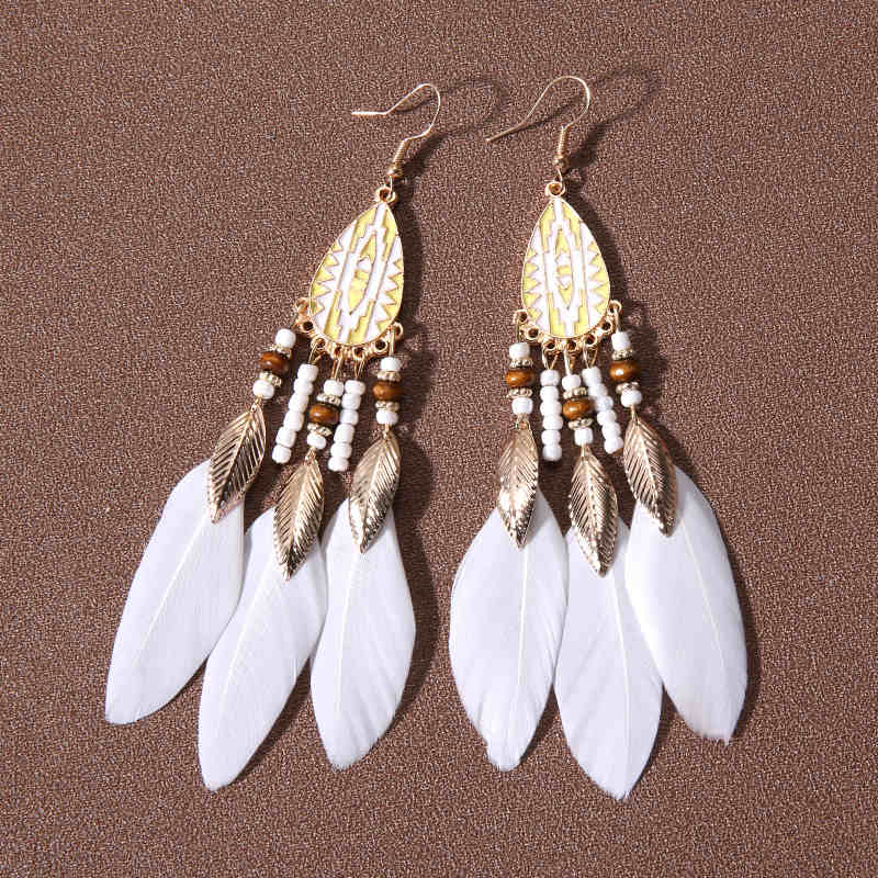 Retro Feather Decor Beaded Dangle Earrings