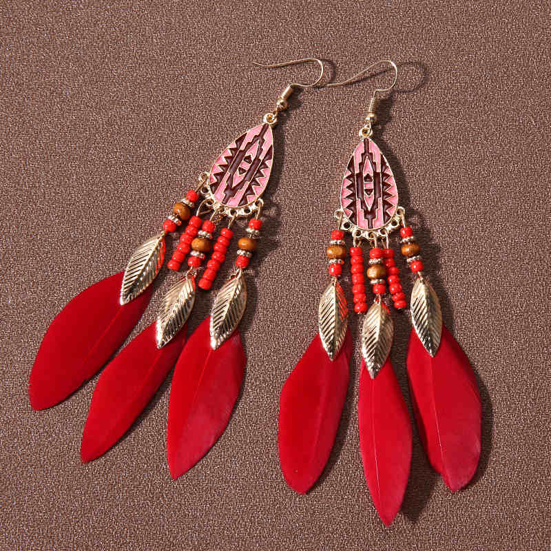 Retro Feather Decor Beaded Dangle Earrings