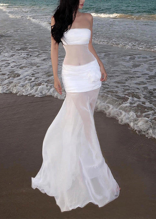 Sexy White Cold Shoulder Floral Tulle Long Dress Sleeveless