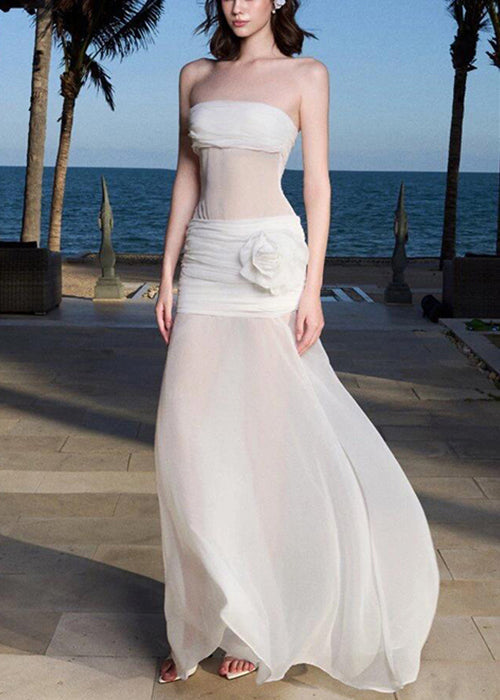 Sexy White Cold Shoulder Floral Tulle Long Dress Sleeveless