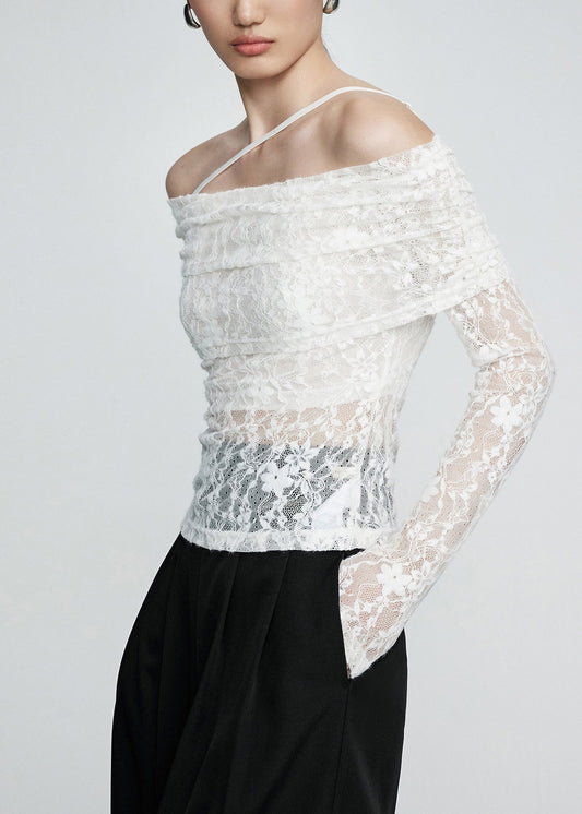 Sexy White Cold Shoulder Slim Fit Lace T Shirts Fall