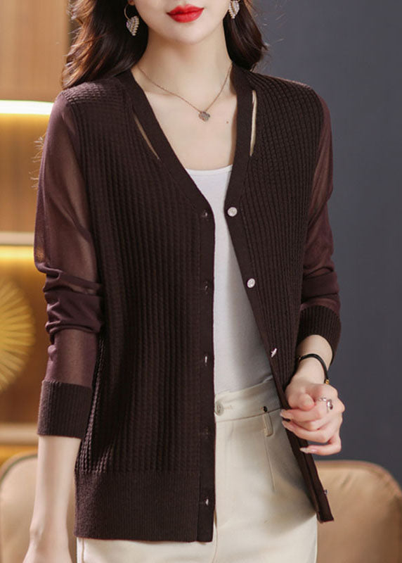 Sexy Coffee V Neck Patchwork Ice Size Knit Cardigan Fall