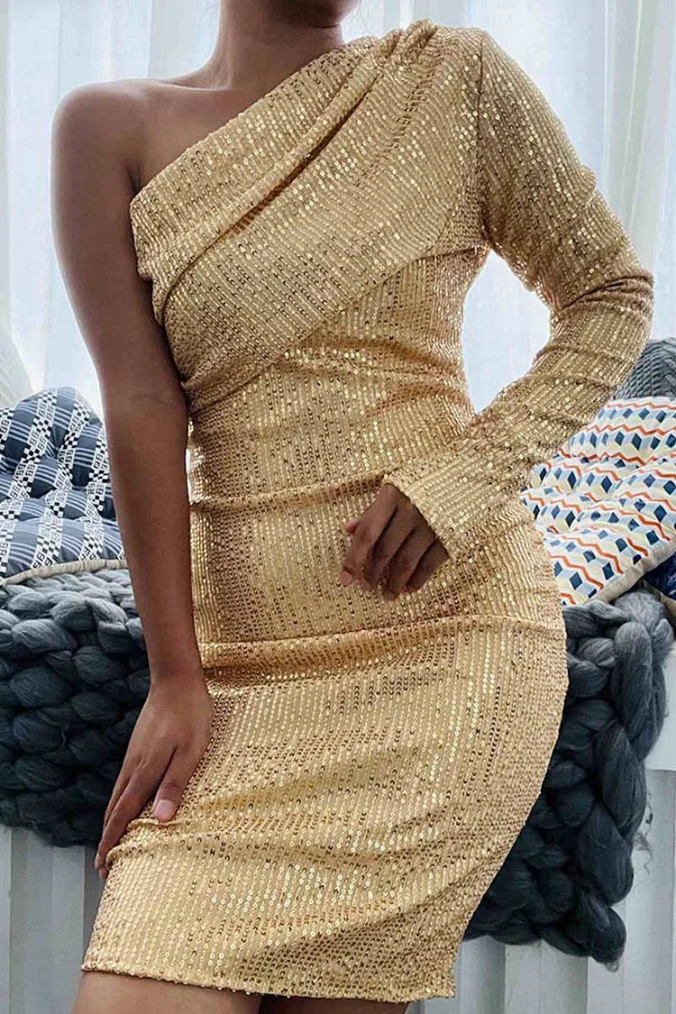 Sexy Solid Sequins One Shoulder One Step Dresses