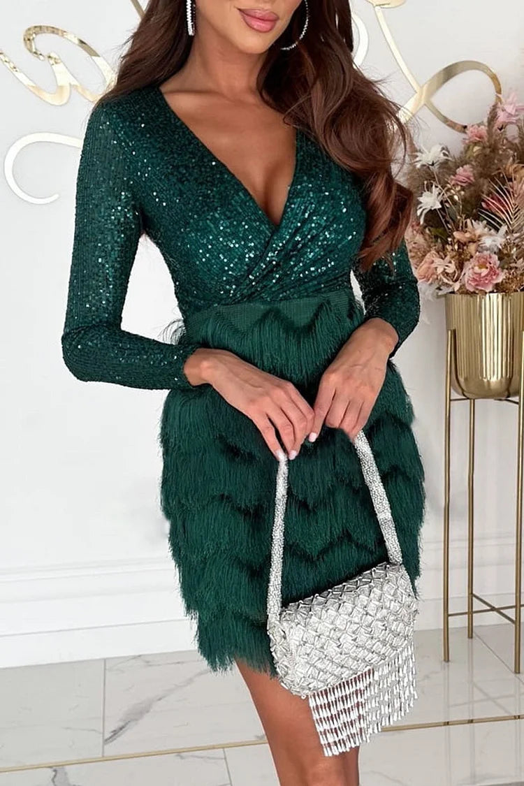 Sexy Solid Tassel Sequins V Neck Wrapped Dresses