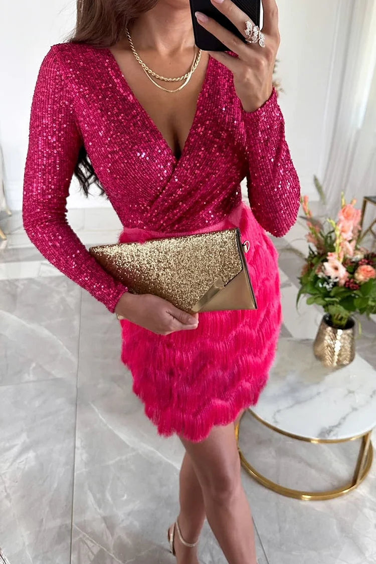 Sexy Solid Tassel Sequins V Neck Wrapped Dresses